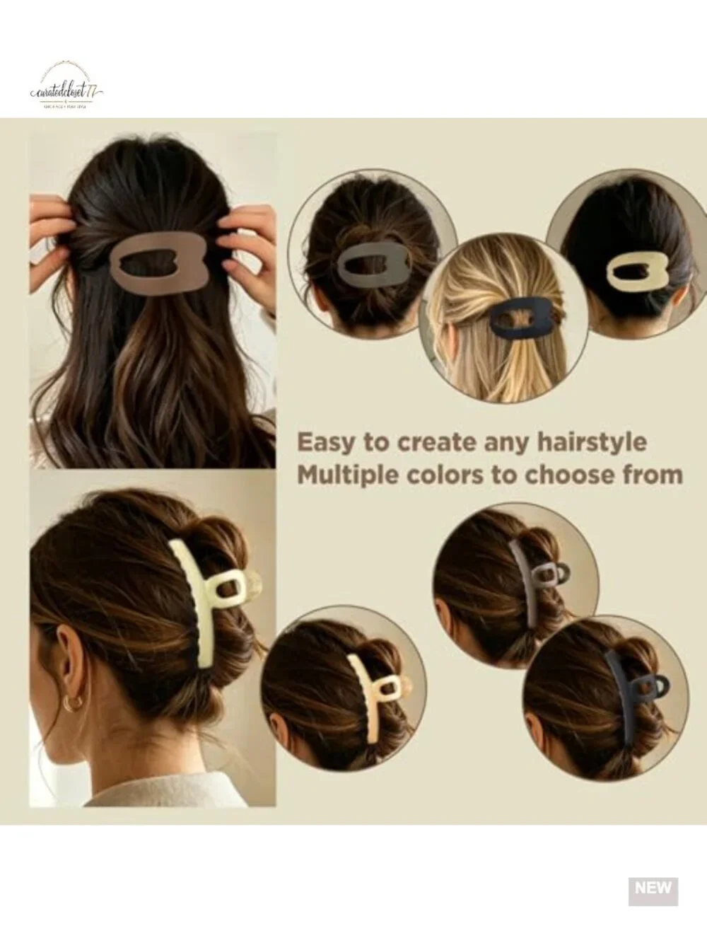 8 Piece Hair Clips Set - 4 Arc Claw Clips & 4 Flat Clips, Non-Slip Hold, Matte